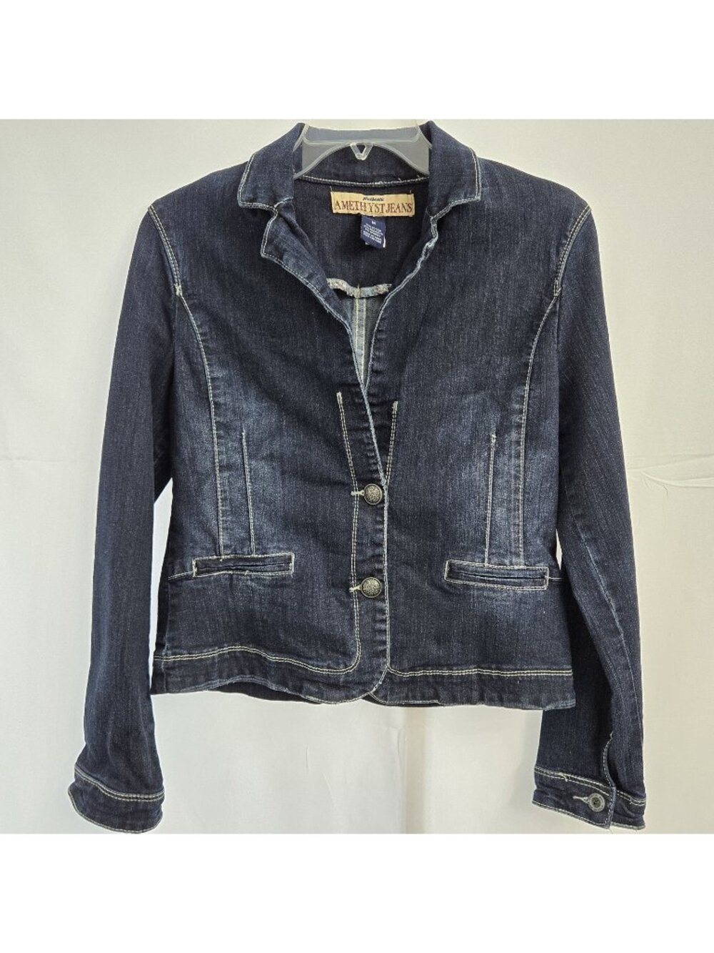 Amethyst Jean Jacket Size M Fitted Denim Blue Jean Stretch Buttons Distressed